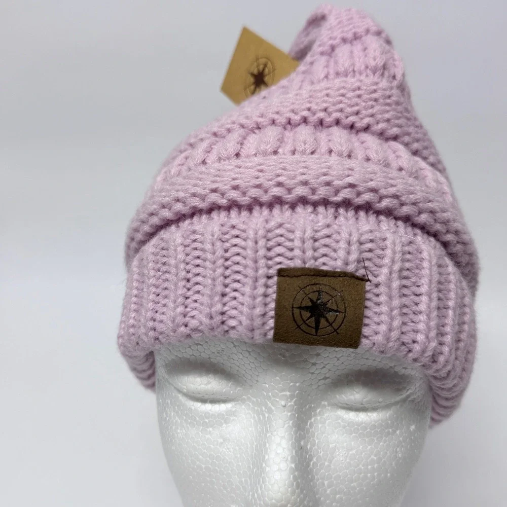 James Paul Youth Messy Bun Beanie Lavender Purple Cable Knit Ponytail Hat NEW